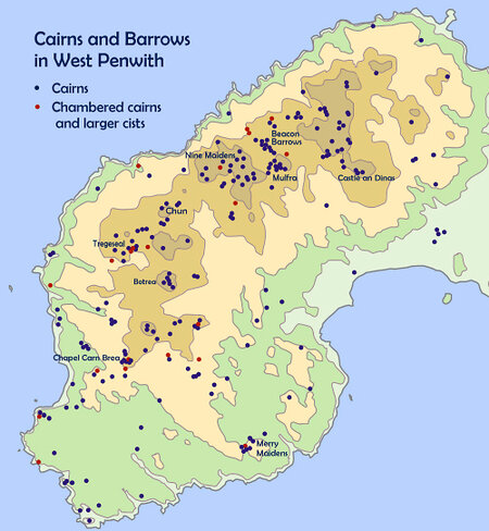 Map of cairns and barrows of West Penwith, Cornwall